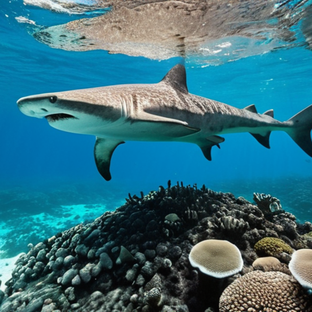 **Galapagos Underwater Scene:** A vibrant underwater scene in the Galapagos Islands, teeming with marine life. Focus on a school of hammerhead sharks swimming effortlessly against a strong current, with a massive whale shark gliding gracefully overhead. Crystal-clear blue water, dramatic lighting, and diverse coral formations are visible. The image captures the sheer scale and biodiversity of the Galapagos.