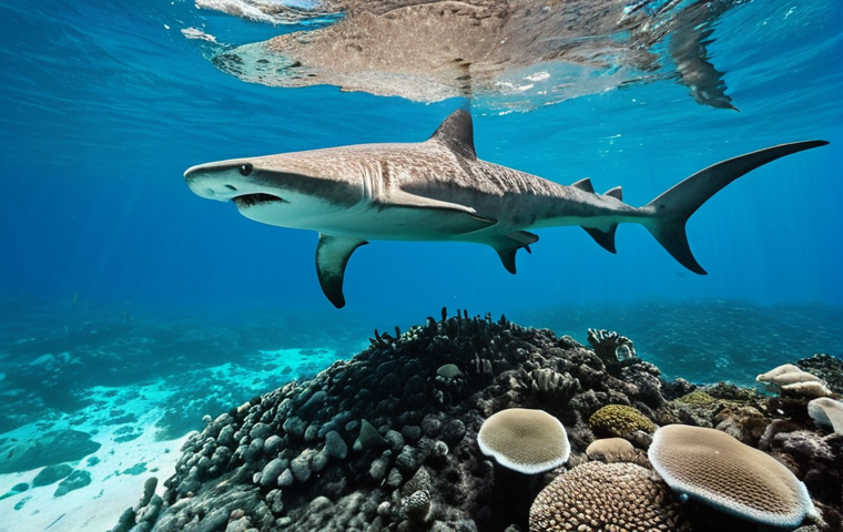 **Galapagos Underwater Scene:** A vibrant underwater scene in the Galapagos Islands, teeming with marine life. Focus on a school of hammerhead sharks swimming effortlessly against a strong current, with a massive whale shark gliding gracefully overhead. Crystal-clear blue water, dramatic lighting, and diverse coral formations are visible. The image captures the sheer scale and biodiversity of the Galapagos.