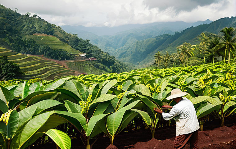 에콰도르에서 유명한 기업들 - **Prompt:** A lush, sun-drenched organic cacao plantation stretching across a gentle hillside in a f...