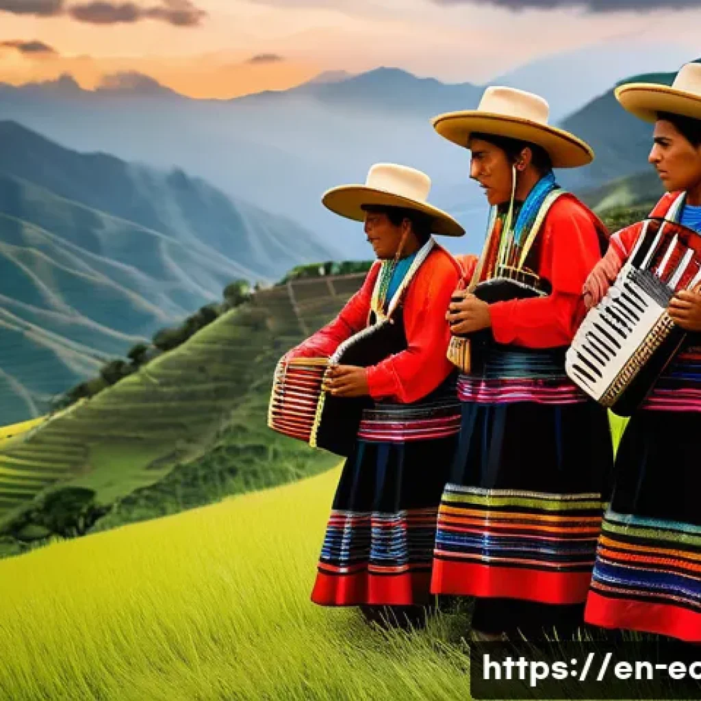 에콰도르 민속 음악과 악기 - A vibrant Andean folk music scene set in the highlands of Ecuador at sunrise, featuring musicians pl...