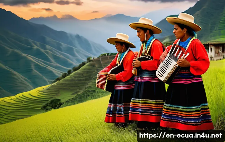 에콰도르 민속 음악과 악기 - A vibrant Andean folk music scene set in the highlands of Ecuador at sunrise, featuring musicians pl...