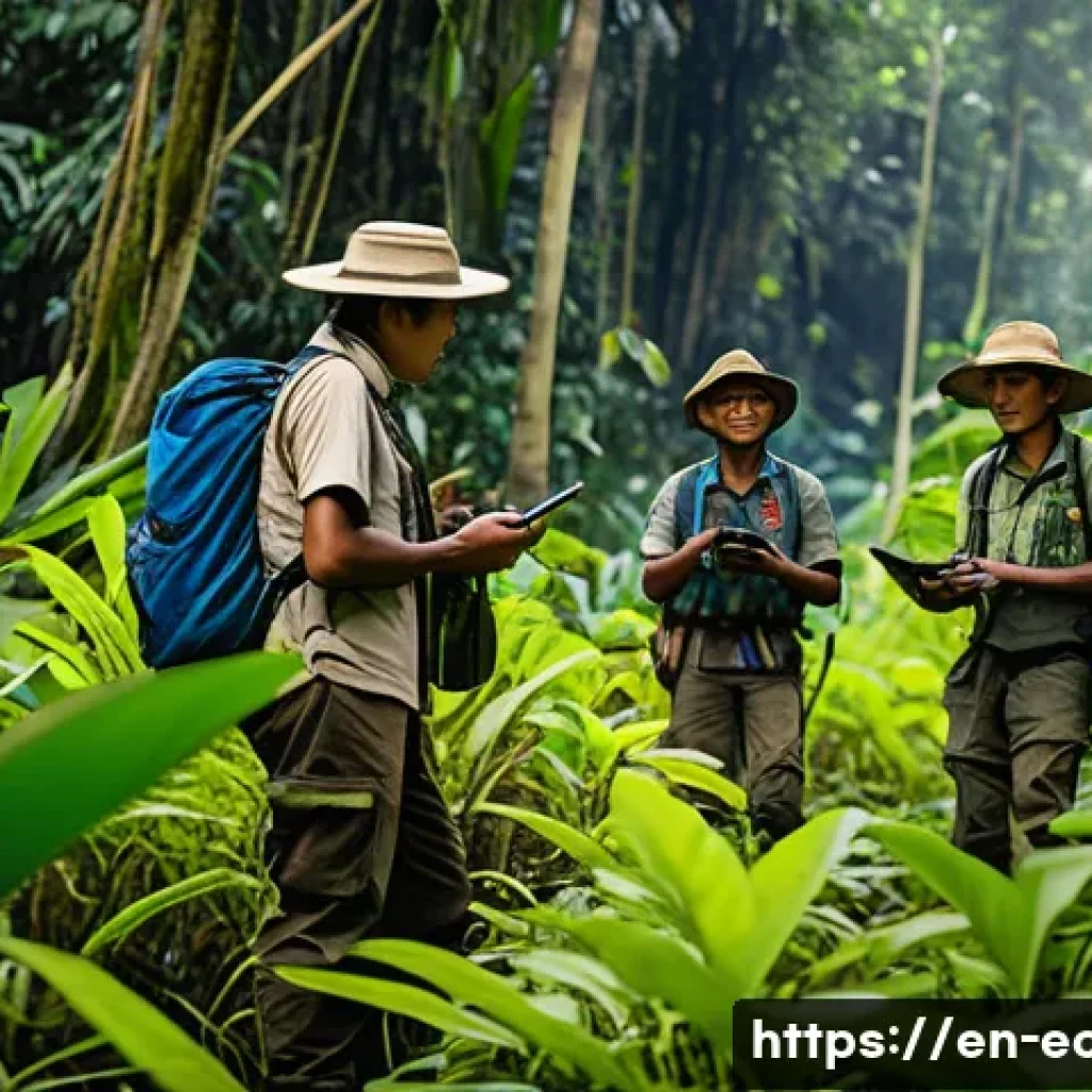 에콰도르에서 야생동물 보호 활동 - A vibrant scene of indigenous community rangers patrolling a lush Amazon rainforest, wearing practic...