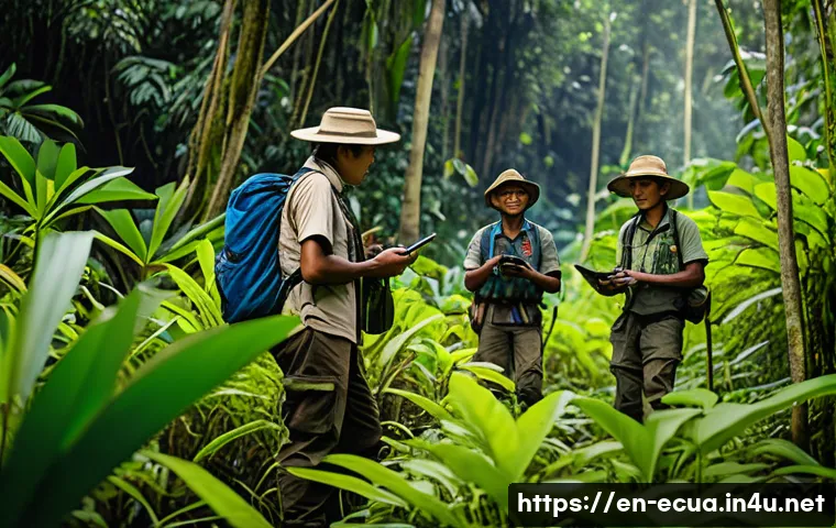 에콰도르에서 야생동물 보호 활동 - A vibrant scene of indigenous community rangers patrolling a lush Amazon rainforest, wearing practic...