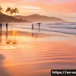 Home 22 에콰도르에서 요가 및 명상 센터 추천 - A serene beach yoga scene at sunrise on Ecuador’s Pacific coast in Montañita, featuring a diverse gr...