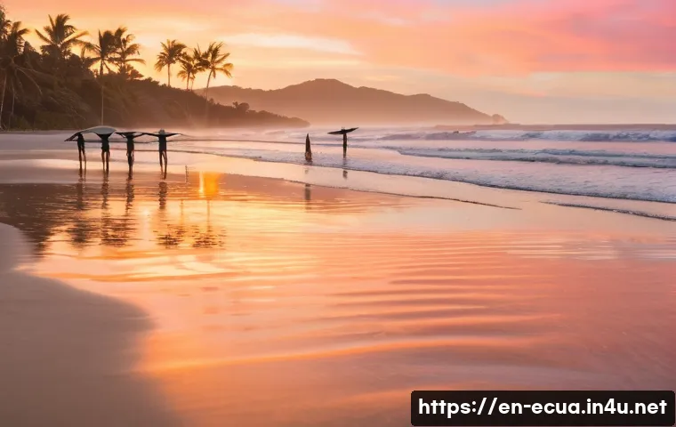 에콰도르에서 요가 및 명상 센터 추천 - A serene beach yoga scene at sunrise on Ecuador’s Pacific coast in Montañita, featuring a diverse gr...