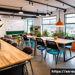 Home 21 에콰도르 IT 산업 현황 - A vibrant co-working space in Quito filled with diverse young entrepreneurs collaborating on laptops...