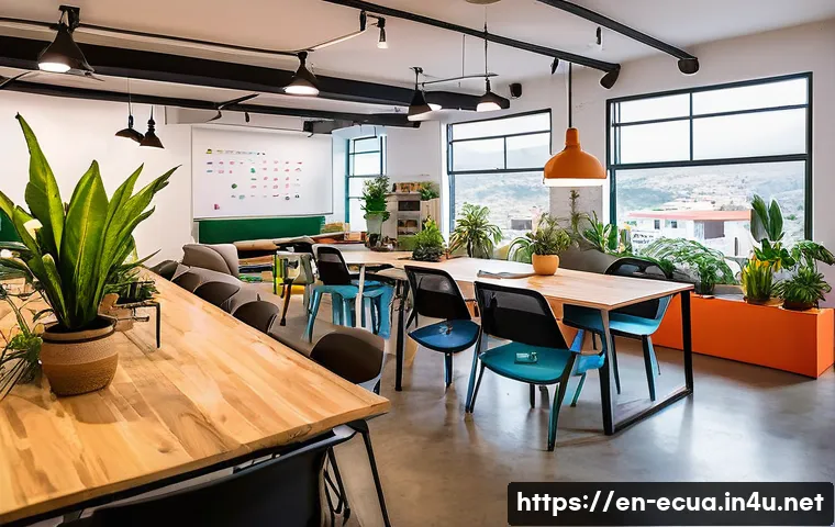 에콰도르 IT 산업 현황 - A vibrant co-working space in Quito filled with diverse young entrepreneurs collaborating on laptops...