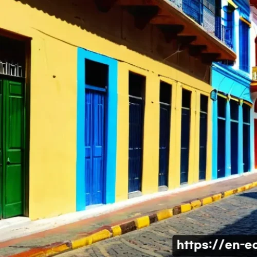 Home 32 과야킬의 위험 지역 피하는 법 - A vibrant street scene in Guayaquil’s Las Peñas neighborhood during late afternoon, showcasing color...