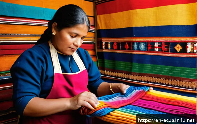 에콰도르에서 예술 시장과 갤러리 방문 - A detailed scene of an Ecuadorian artisan workshop in Otavalo featuring a skilled female weaver dres...