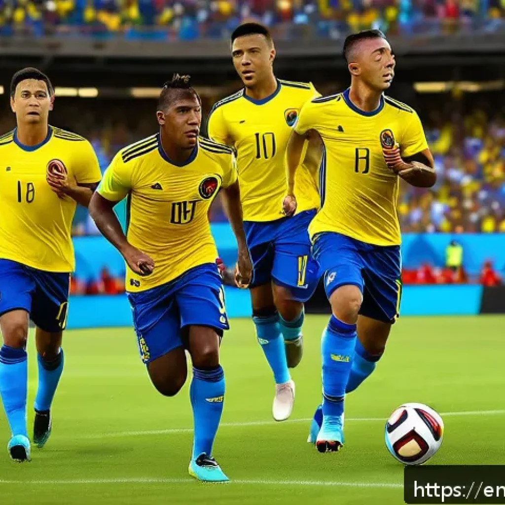 에콰도르의 월드컵 성적 분석 - A detailed digital painting of Ecuador’s national soccer team executing a high-press defensive strat...