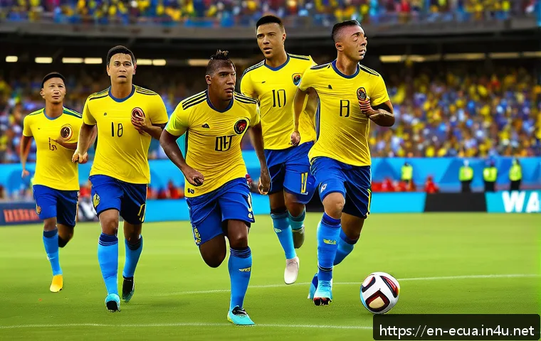 에콰도르의 월드컵 성적 분석 - A detailed digital painting of Ecuador’s national soccer team executing a high-press defensive strat...