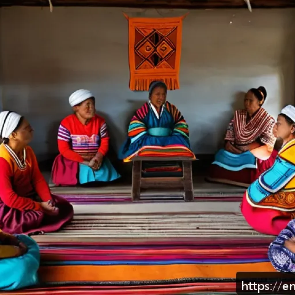 에콰도르에서 사라져가는 전통 문화 - A vibrant Ecuadorian indigenous community workshop scene, elders teaching children ancestral languag...