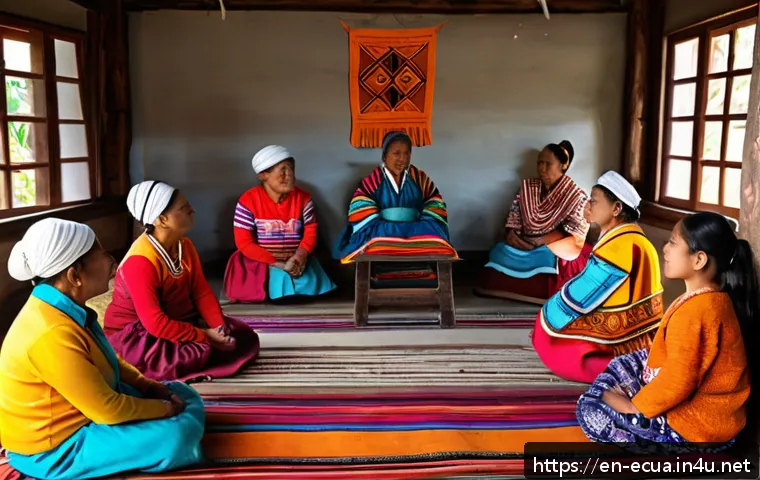 에콰도르에서 사라져가는 전통 문화 - A vibrant Ecuadorian indigenous community workshop scene, elders teaching children ancestral languag...
