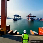 에콰도르에서 중국 투자 현황 - Photorealistic wide-angle view of a major Ecuadorian Pacific port near Guayaquil at golden hour, mod...