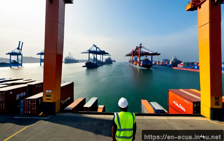 에콰도르에서 중국 투자 현황 - Photorealistic wide-angle view of a major Ecuadorian Pacific port near Guayaquil at golden hour, mod...