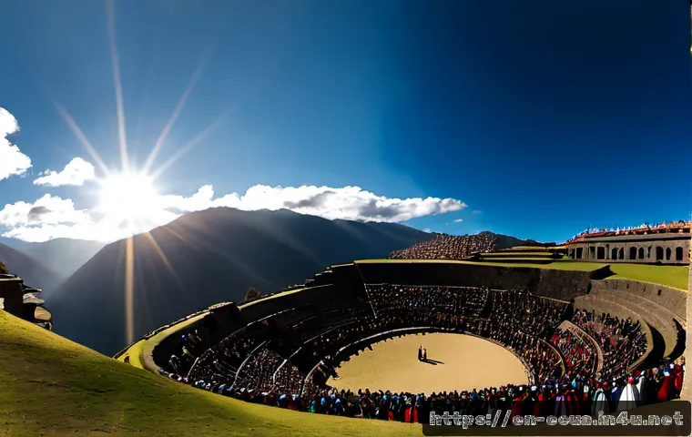 인티 라이미 태양제 축제 - Photorealistic wide view of an Inti Raymi sun festival reenactment at the ancient stone terraces of ...
