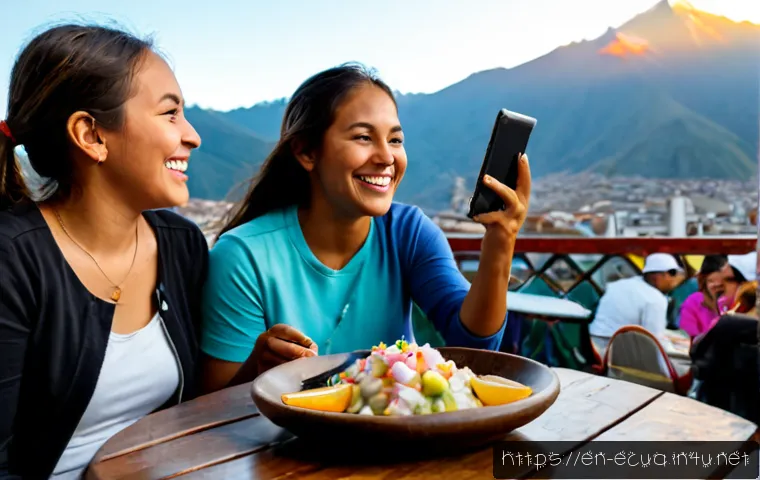 에콰도르에서 소셜 미디어 인기 콘텐츠 - Photorealistic lifestyle scene in Quito, Ecuador: a diverse group of young adult friends gathered ar...
